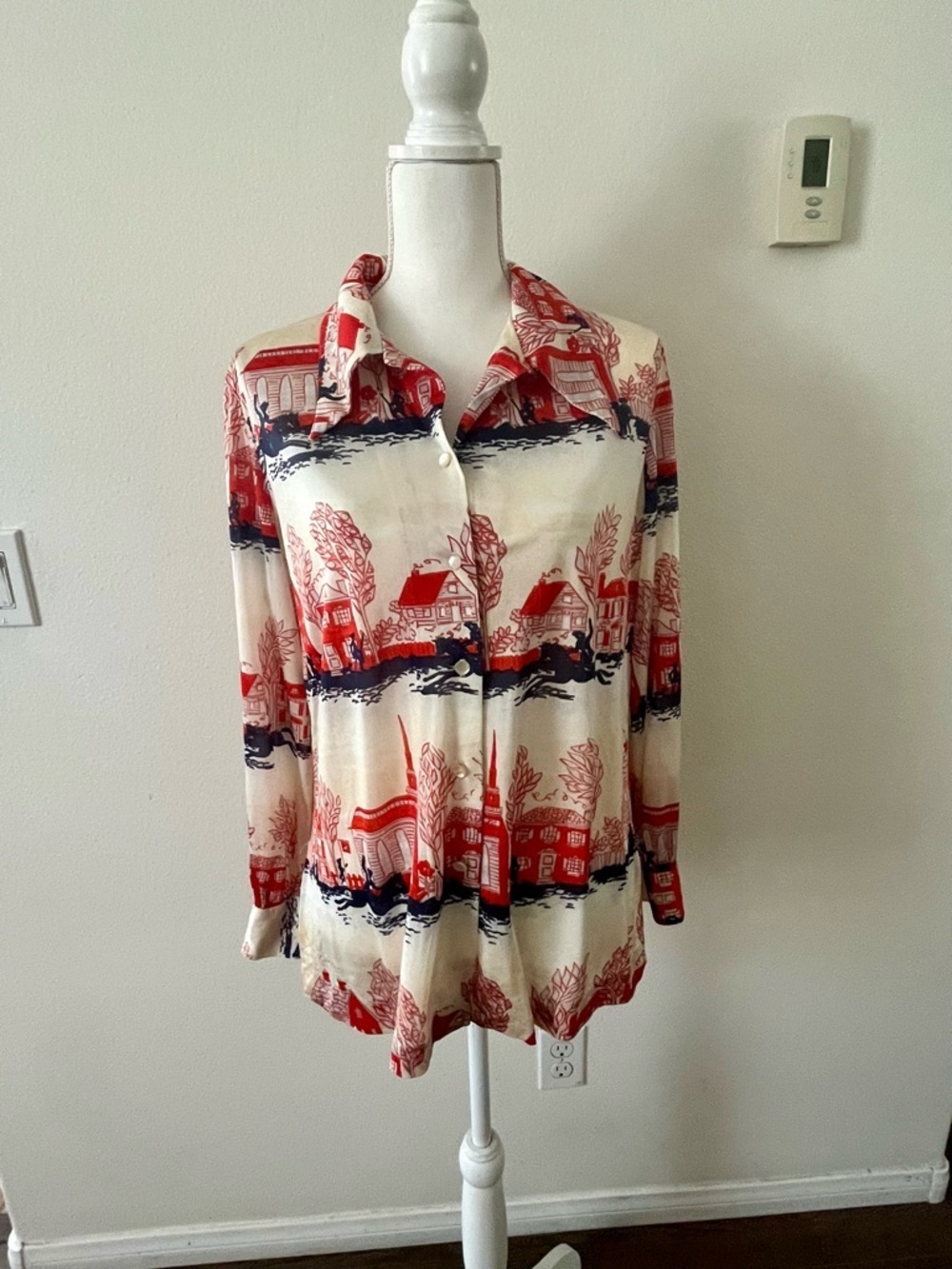 Graff California Wear red + cream button up blouse with a fun print #california